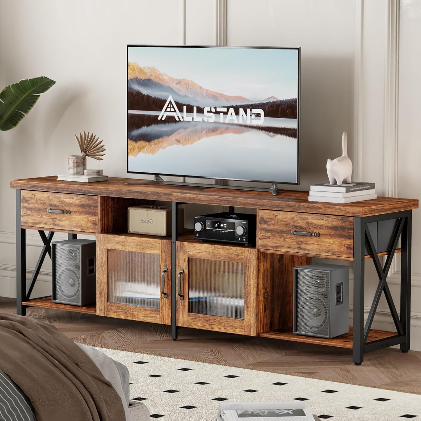 Flycity 71" TV Stand for 75-80" TVs, Industrial Entertainment Center with Storage Cabinets, Fabric Drawers & Soundbar Shelf, Media Console Table for Living Room or Bedroom