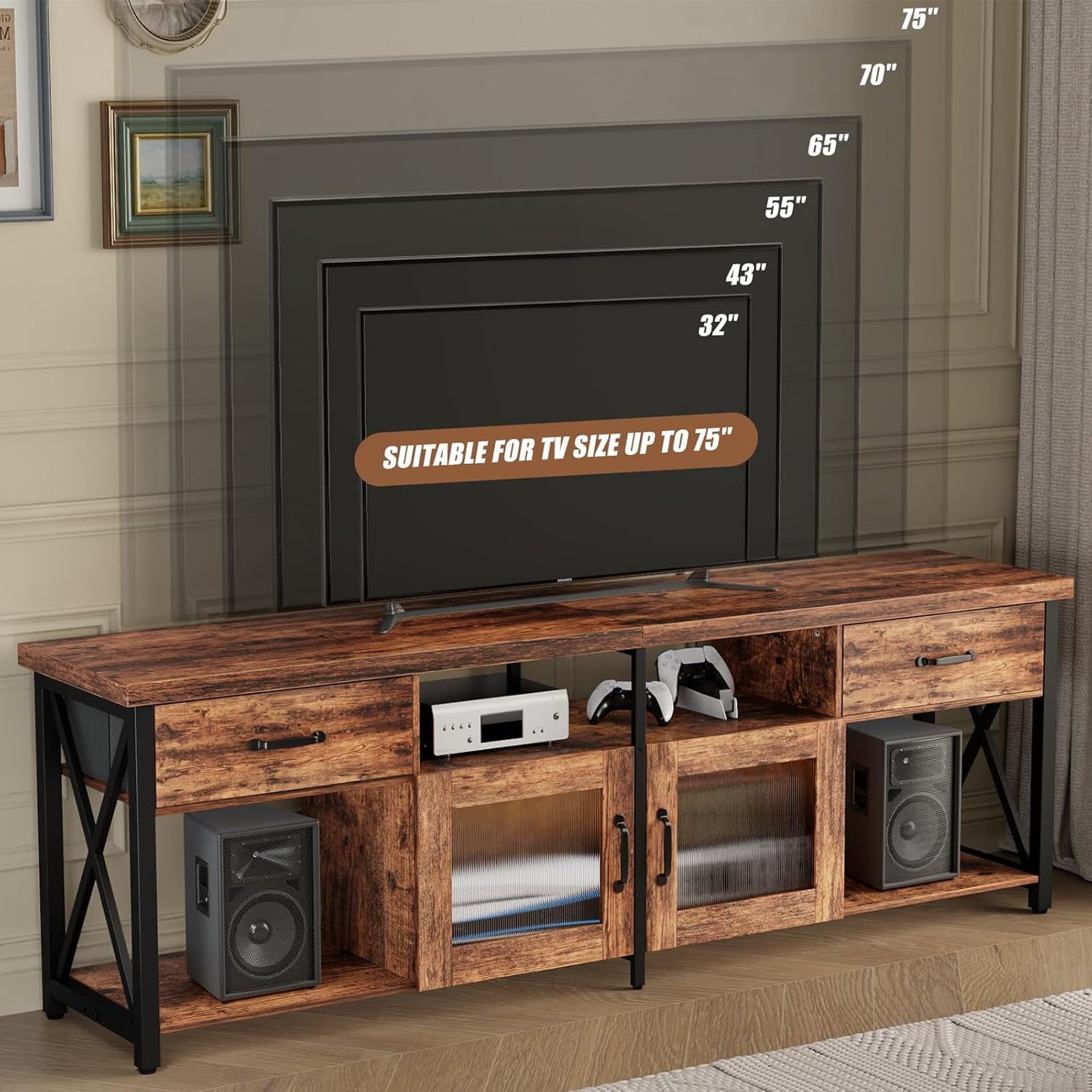 Flycity 71" TV Stand for 75-80" TVs, Industrial Entertainment Center with Storage Cabinets, Fabric Drawers & Soundbar Shelf, Media Console Table for Living Room or Bedroom