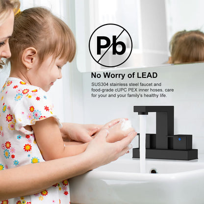 KINGTACK Bathroom Faucets, 4 Inch Matte Black Bathroom Faucets for Sink 3 Hole, 2 Handle Bathroom Sink Faucets with Pop-up Drain and Supply Lines