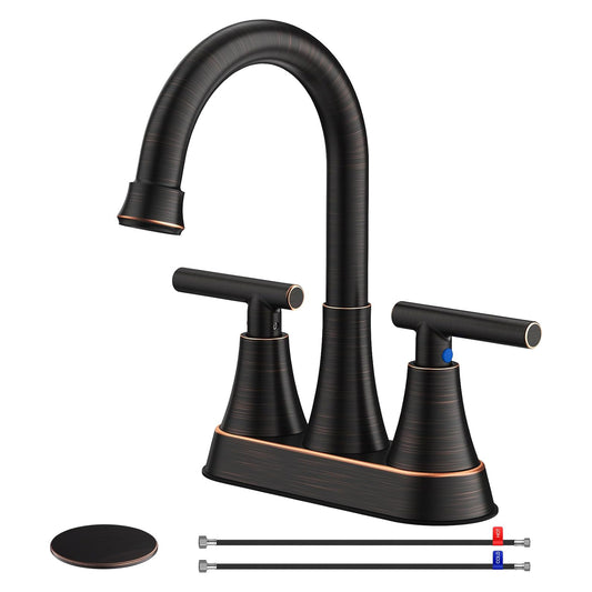 KINGTACK Bathroom Faucets, 4 inch Oil Rubbed Bronze Bathroom Sink Faucet, Stainless Steel Lead-Free 2-Handle Centerset Faucet with Pop-up Drain and 2 Supply Hoses, Fits 2 or 3-hole Sink