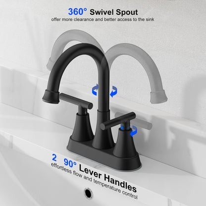KINGTACK Bathroom Faucets 4 Inch Matte Black Bathroom Sink Faucet, Stainless Steel Lead-Free 2-Handle Centerset Faucet with Pop-up Drain and 2 Supply Hoses Fits 2 or 3-hole Sink, 2 Pack