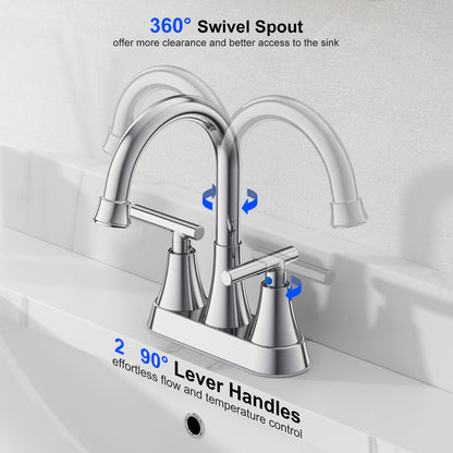 KINGTACK Bathroom Faucet 3 Hole, 4 Inch Bathroom Sink Faucet, Stainless Steel Lead-Free 2-Handle Centerset Faucet with Pop-up Drain and 2 Supply Hoses, Chrome