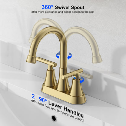 KINGTACK Bathroom Sink Faucet, 4 inch 2-Handle Gold Bathroom Faucet with Pop-up Drain and 2 Supply Hoses, Fits 2 or 3-hole Sink
