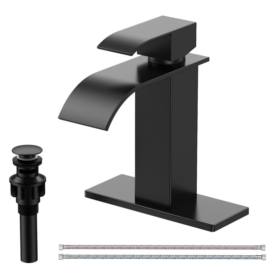 KINGTACK Waterfall Bathroom Faucet, Matte Black Bathroom Faucet for 1 or 3 Hole Bathroom Sink Faucet Mixer Tap Washbasin Faucet with Deck, Pop-up Drain and Supply Hoses