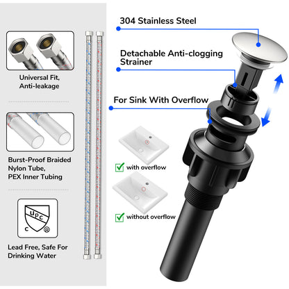 KINGTACK Bathroom Faucets, Brushed Nickel Bathroom Sink Faucet for 1 or 3 Hole, Faucet for Bathroom Sink with Deck, Pop-up Drain and Supply Hoses