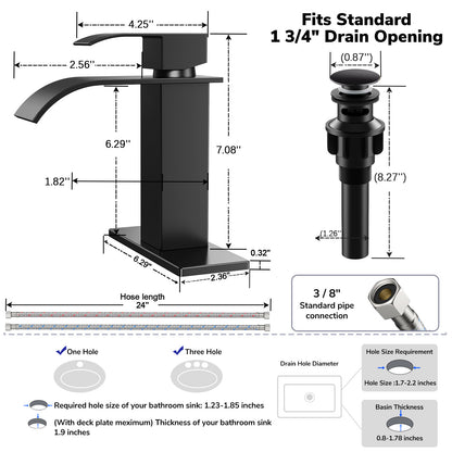 KINGTACK Waterfall Bathroom Faucet, Matte Black Bathroom Faucet for 1 or 3 Hole Bathroom Sink Faucet Mixer Tap Washbasin Faucet with Deck, Pop-up Drain and Supply Hoses