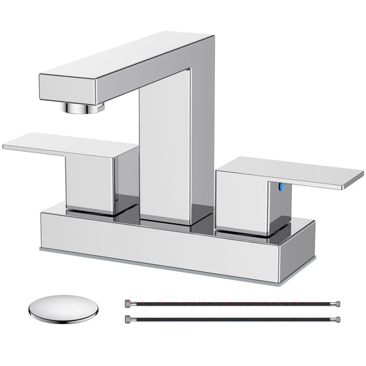 KINGTACK Bathroom Faucet, 4 inch Chrome Bathroom Faucets for Sink 3 Hole with Pop-up Drain and Supply Lines, Stainless Steel 2-Handle Waterfall Faucet for Bathroom Sink Vanity RV Restroom