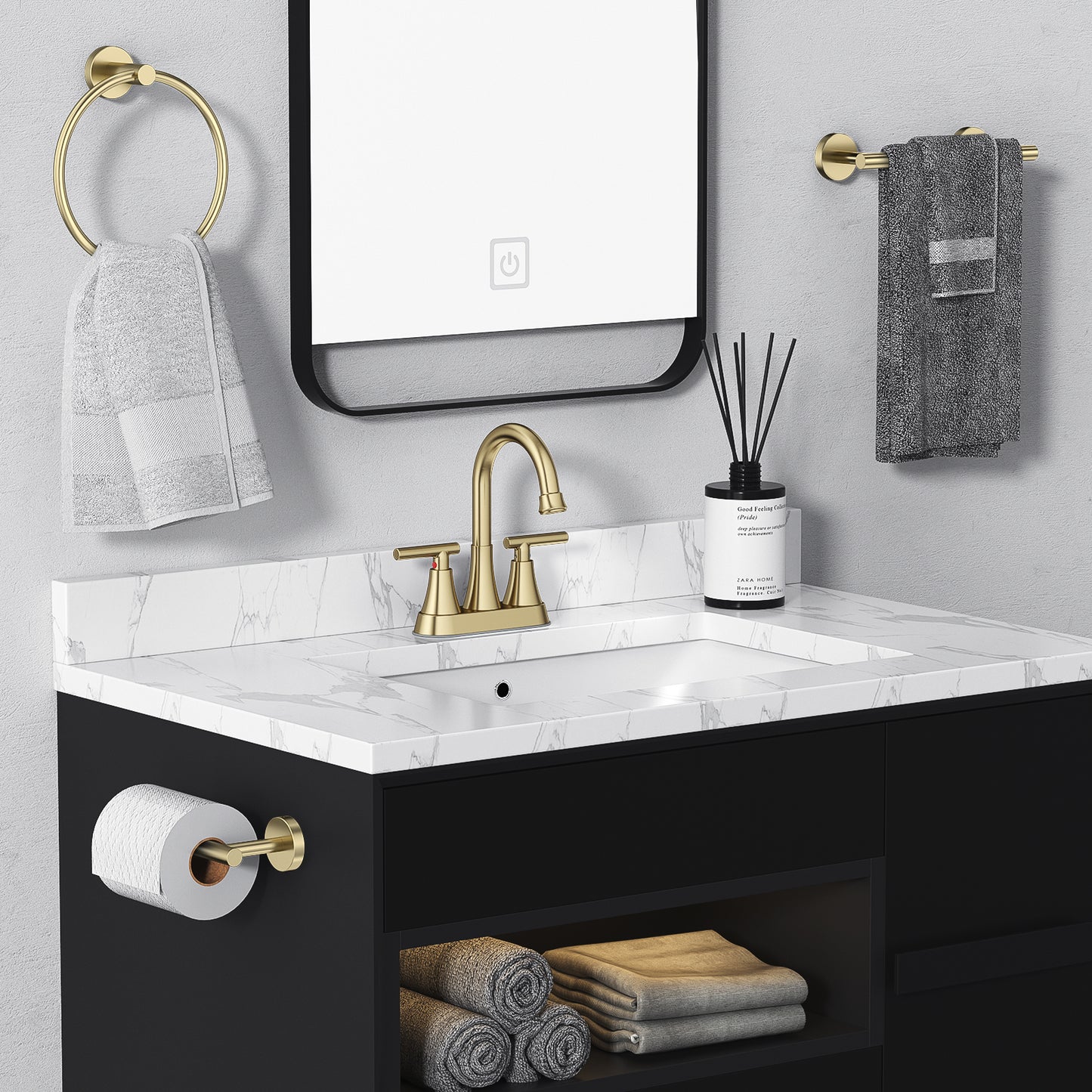 KINGTACK Bathroom Sink Faucet, 4 inch 2-Handle Gold Bathroom Faucet with Pop-up Drain and 2 Supply Hoses, Fits 2 or 3-hole Sink