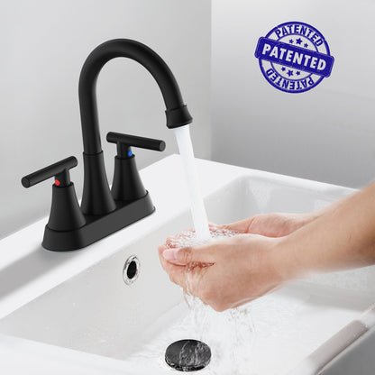 KINGTACK Bathroom Faucets 4 Inch Matte Black Bathroom Sink Faucet, Stainless Steel Lead-Free 2-Handle Centerset Faucet with Pop-up Drain and 2 Supply Hoses Fits 2 or 3-hole Sink, 2 Pack