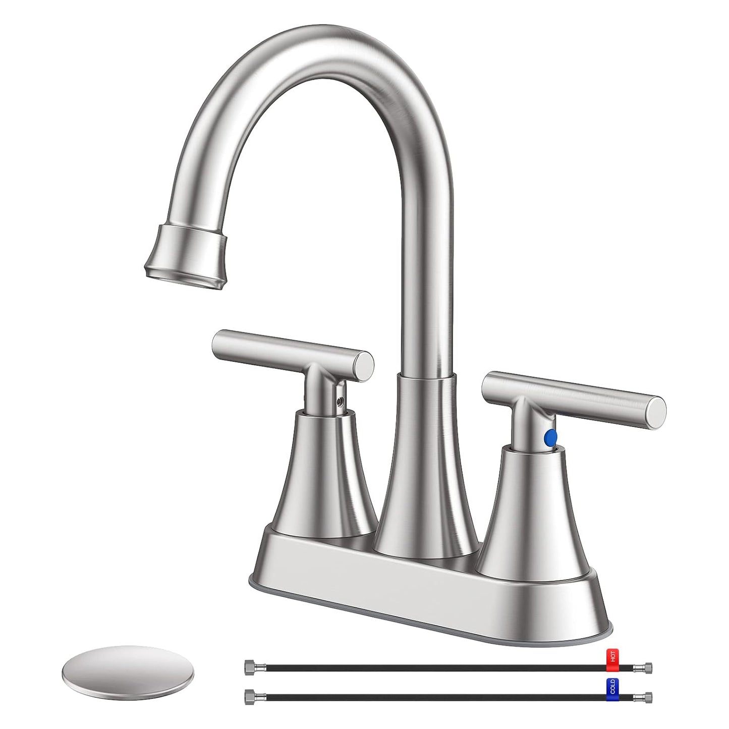 KINGTACK Bathroom Sink Faucet, 4 inch Brushed Nickel 2-Handle Bathroom Faucets with Pop-up Drain and 2 Supply Hoses, Fits 2 or 3-hole Sink