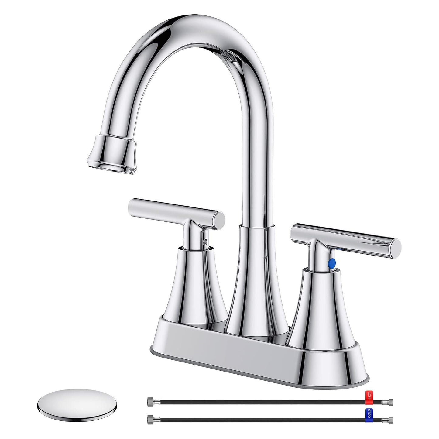 KINGTACK Bathroom Faucet 3 Hole, 4 Inch Bathroom Sink Faucet, Stainless Steel Lead-Free 2-Handle Centerset Faucet with Pop-up Drain and 2 Supply Hoses, Chrome