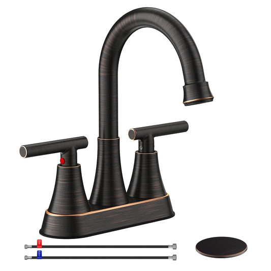 KINGTACK Bathroom Faucets, 4 inch Bathroom Sink Faucet, Stainless Steel Lead-Free 2-Handle Centerset Faucet with Pop-up Drain and 2 Supply Hoses, Fits 2 or 3-hole Sink, Oil Rubbed Bronze