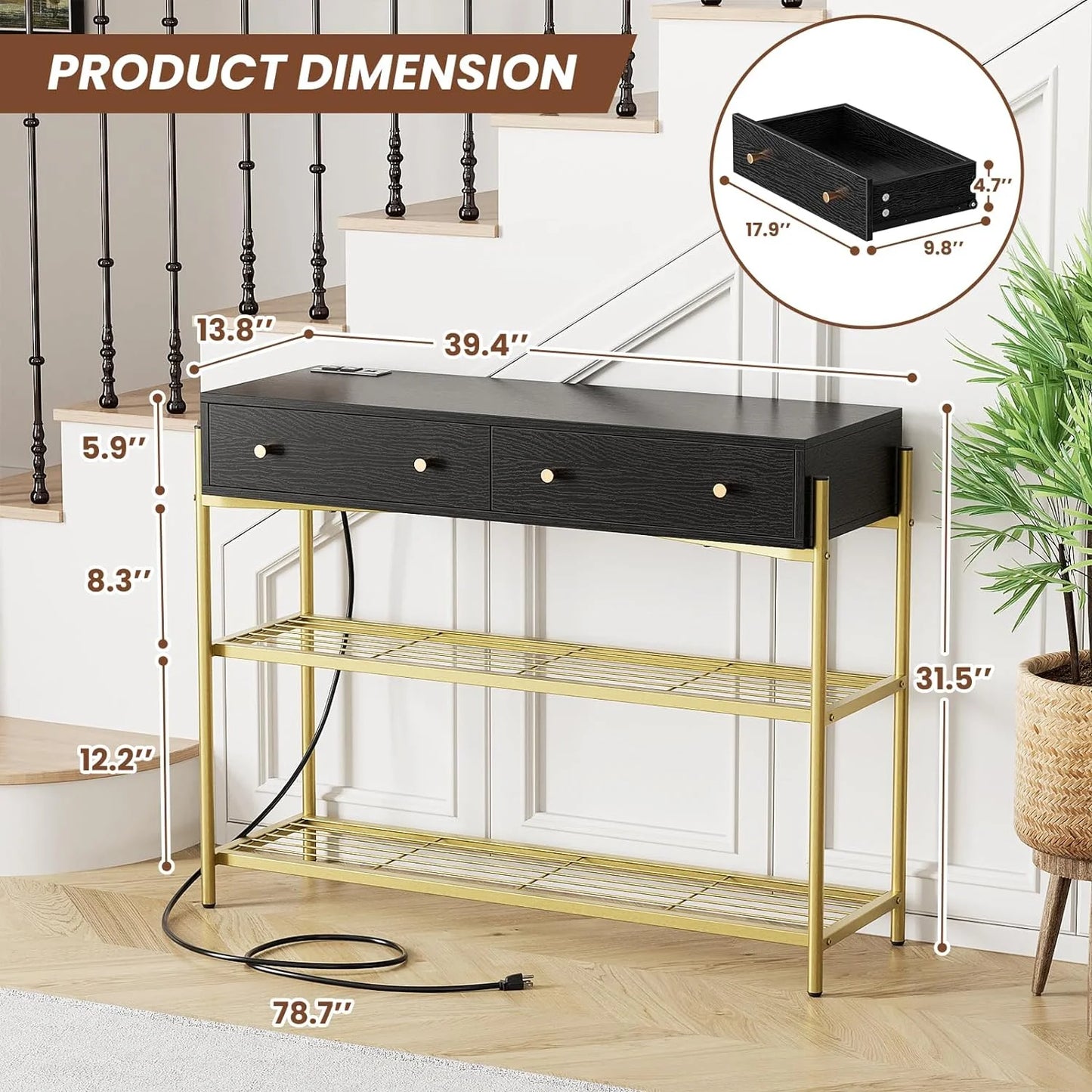 Flycity Metal Frame Console Tables for Entryway with 2 Drawers & Charging Station(with 2 Outlet and 2 USB Ports), 39'' Long Sofa Console Table with 3 Tier Storage Shelves for Living Room, Hallway