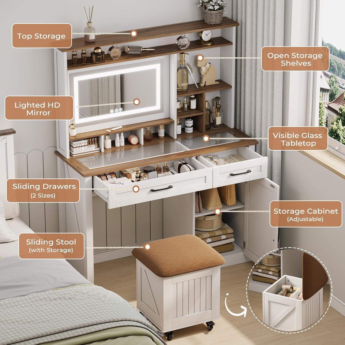 Flycity 43" Glass Tabletop Makeup Vanity Desk with Rectangle Mirror and 3 Modes Adjustable Brightness Lights, Farmhouse Vanity Table with 360° Rolling Stool, Large Vanity Set with Storage for Bedroom