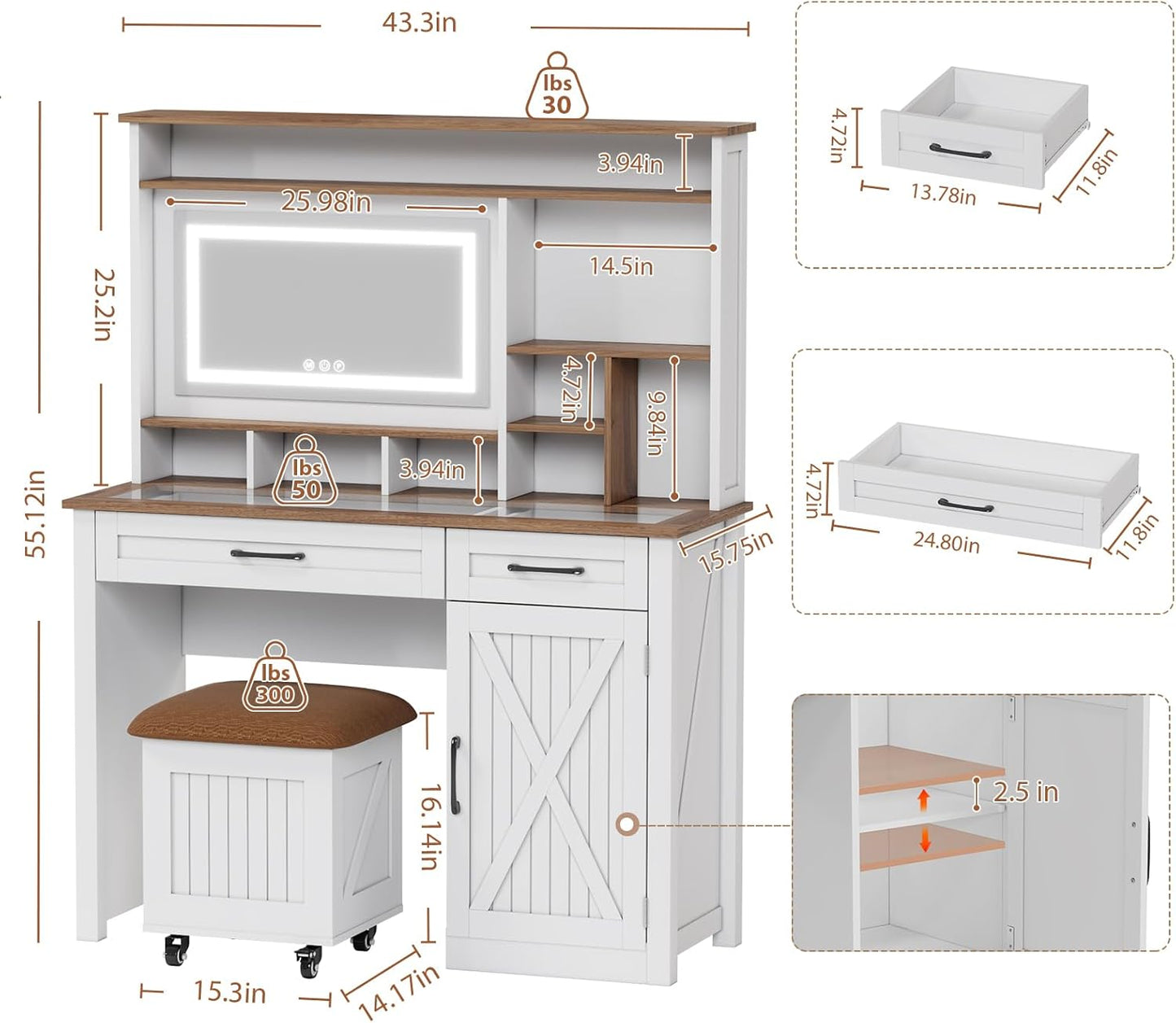 Flycity 43" Glass Tabletop Makeup Vanity Desk with Rectangle Mirror and 3 Modes Adjustable Brightness Lights, Farmhouse Vanity Table with 360° Rolling Stool, Large Vanity Set with Storage for Bedroom