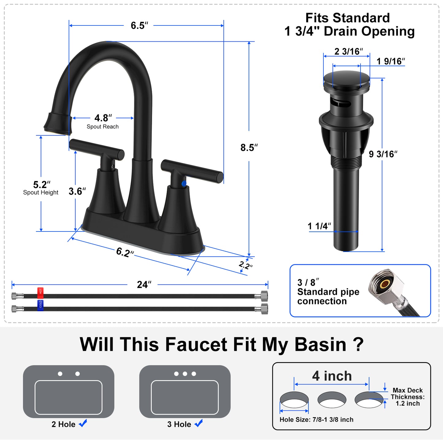 KINGTACK Bathroom Faucets 4 Inch Bathroom Sink Faucet, Stainless Steel Lead-Free 2-Handle Centerset Faucet with Pop-up Drain and 2 Supply Hoses Fits 2 or 3-hole Sink, Matte Black