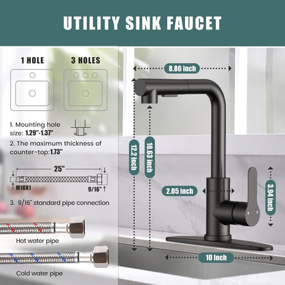 KINGTACK Kitchen Faucet with Pull Down Sprayer, Matte Black Kitchen Faucets, Stainless Steel Commercial Utility Faucets for Sink 3 Hole Bar Rv Camper Laundry Outdoor Farmhouse