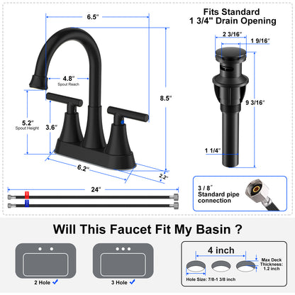 KINGTACK Bathroom Faucets 4 Inch Matte Black Bathroom Sink Faucet, Stainless Steel Lead-Free 2-Handle Centerset Faucet with Pop-up Drain and 2 Supply Hoses Fits 2 or 3-hole Sink, 2 Pack