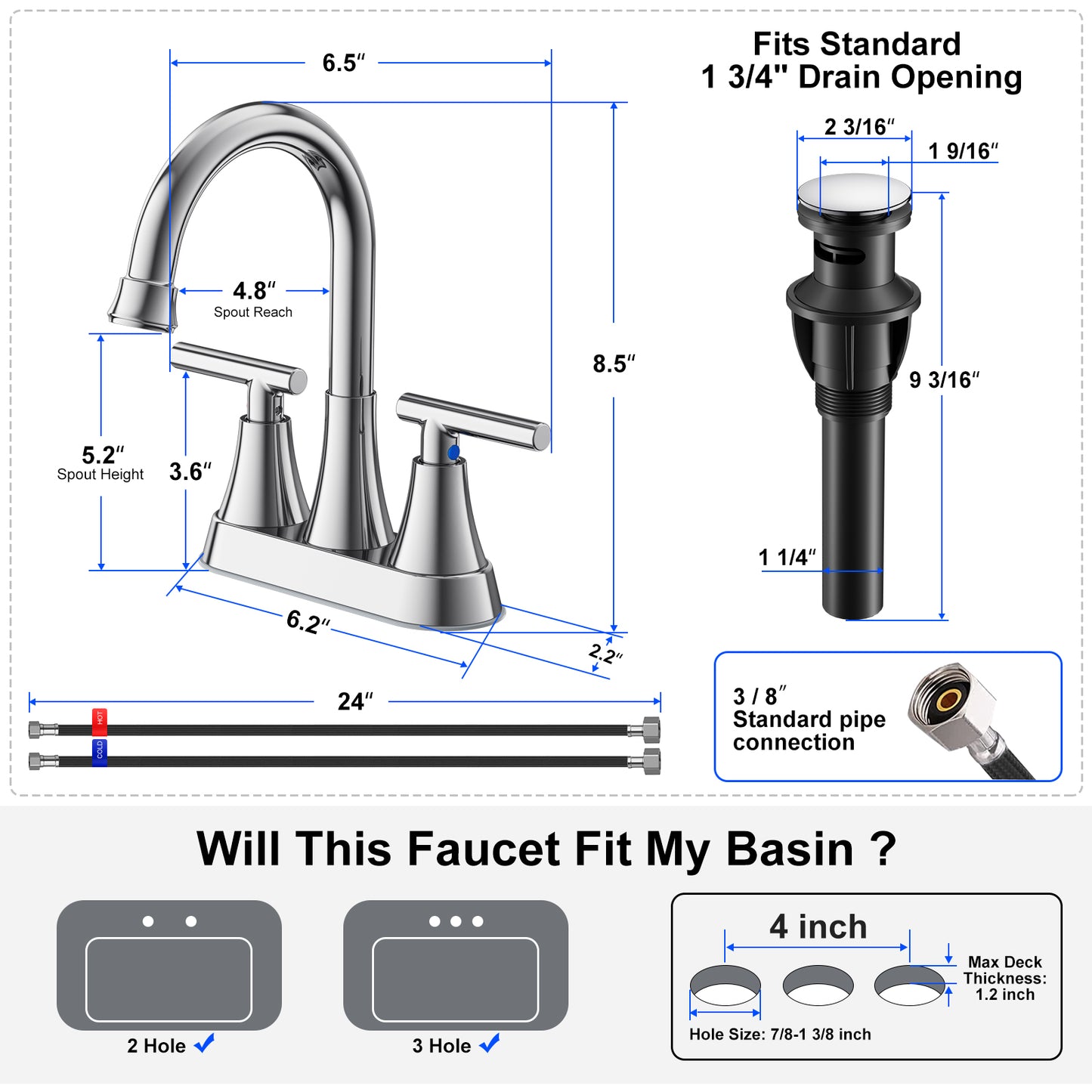 KINGTACK Bathroom Faucet 3 Hole, 4 Inch Bathroom Sink Faucet, Stainless Steel Lead-Free 2-Handle Centerset Faucet with Pop-up Drain and 2 Supply Hoses, Chrome