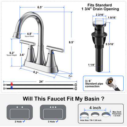 KINGTACK Bathroom Faucet 3 Hole, 4 Inch Bathroom Sink Faucet, Stainless Steel Lead-Free 2-Handle Centerset Faucet with Pop-up Drain and 2 Supply Hoses, Chrome