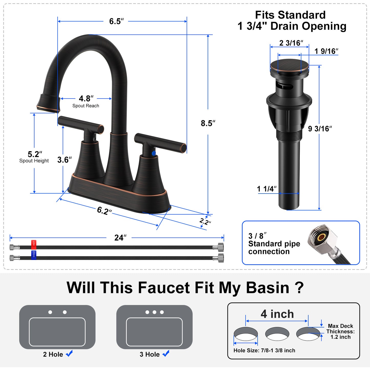 KINGTACK Bathroom Faucets, 4 inch Bathroom Sink Faucet, Stainless Steel Lead-Free 2-Handle Centerset Faucet with Pop-up Drain and 2 Supply Hoses, Fits 2 or 3-hole Sink, Oil Rubbed Bronze