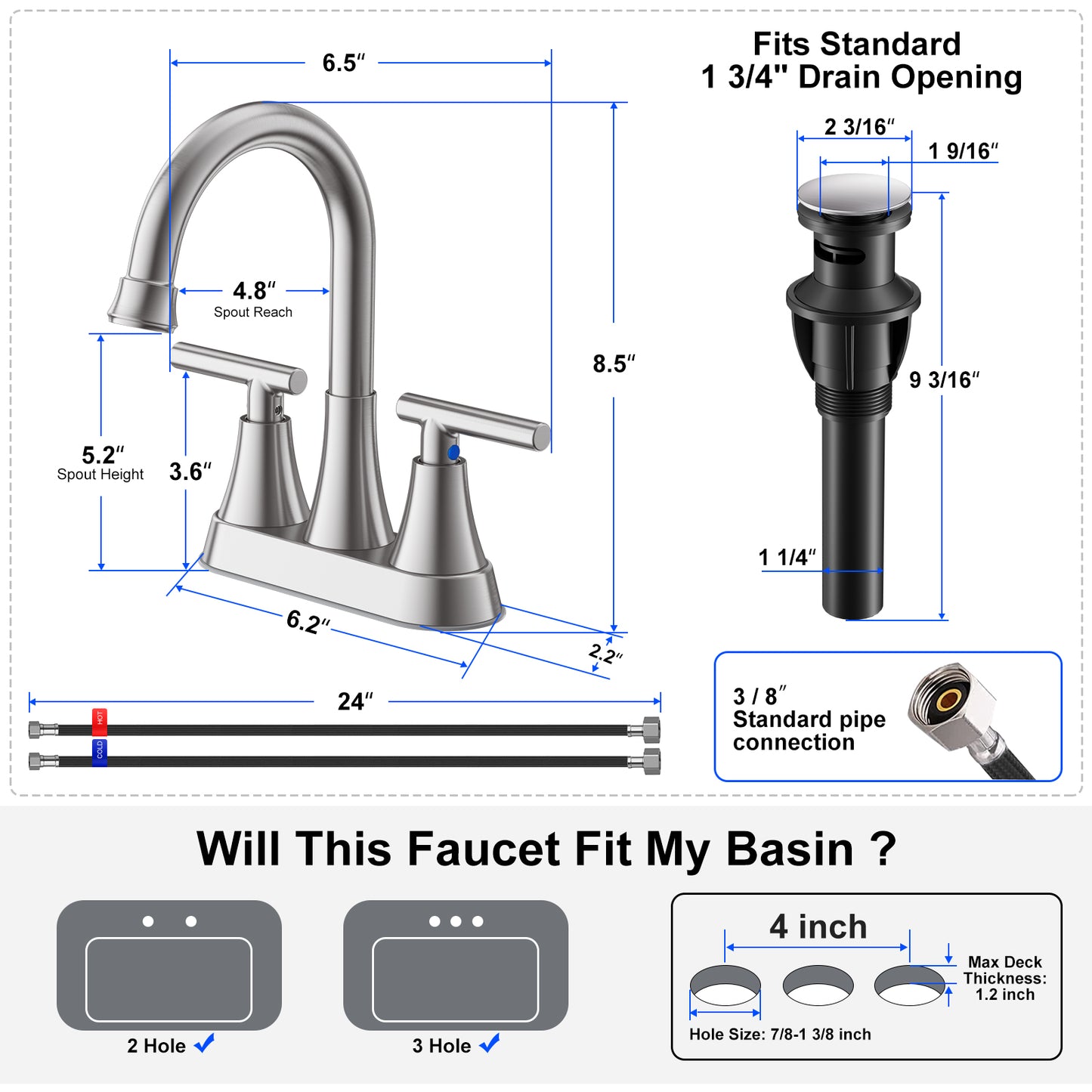 KINGTACK Bathroom Sink Faucet, 4 inch Brushed Nickel 2-Handle Bathroom Faucets with Pop-up Drain and 2 Supply Hoses, Fits 2 or 3-hole Sink