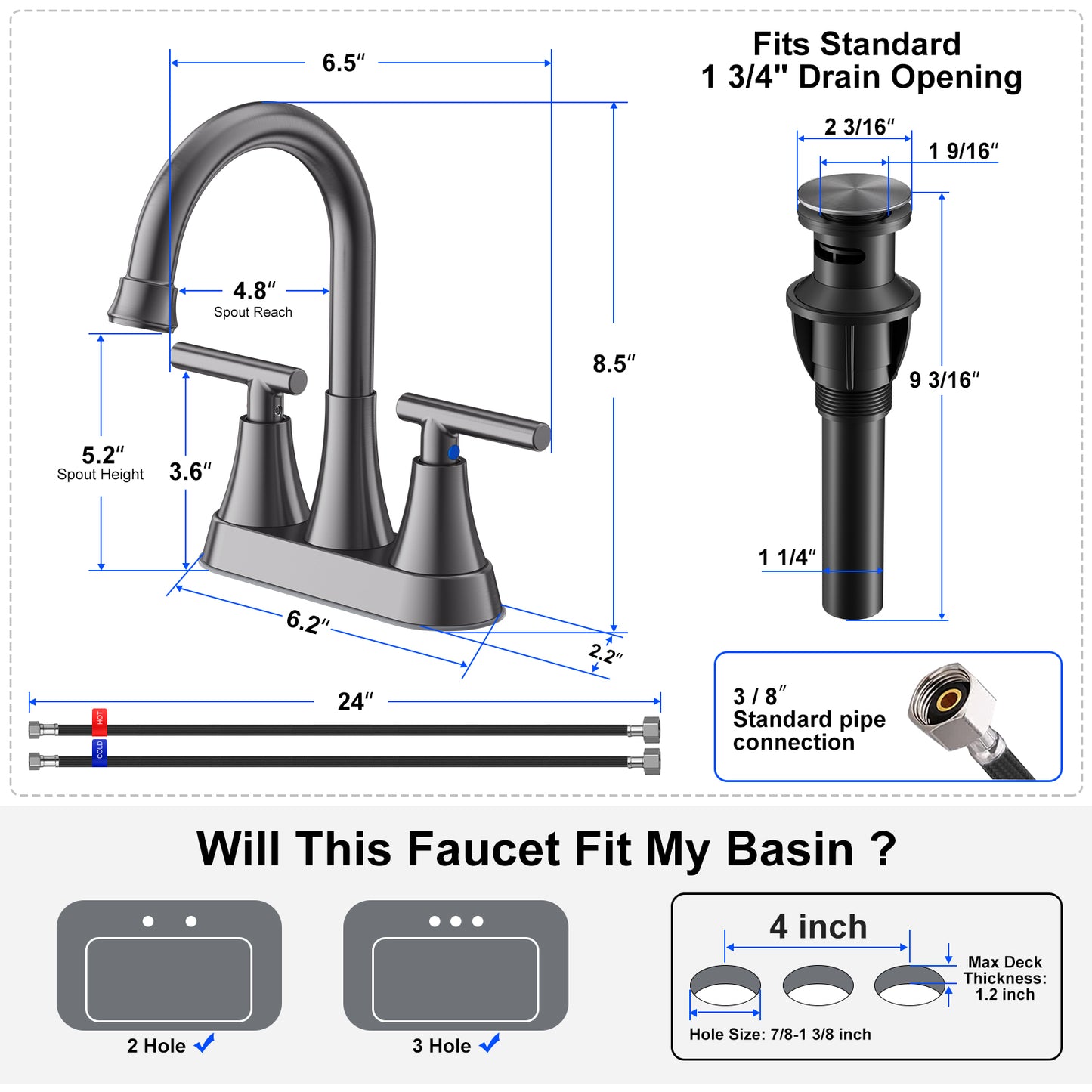 KINGTACK Bathroom Faucets, 4 inch Brushed Grey Bathroom Sink Faucet, Stainless Steel Lead-Free 2-Handle Centerset Faucet with Pop-up Drain and 2 Supply Hoses, Fits 2 or 3-hole Sink