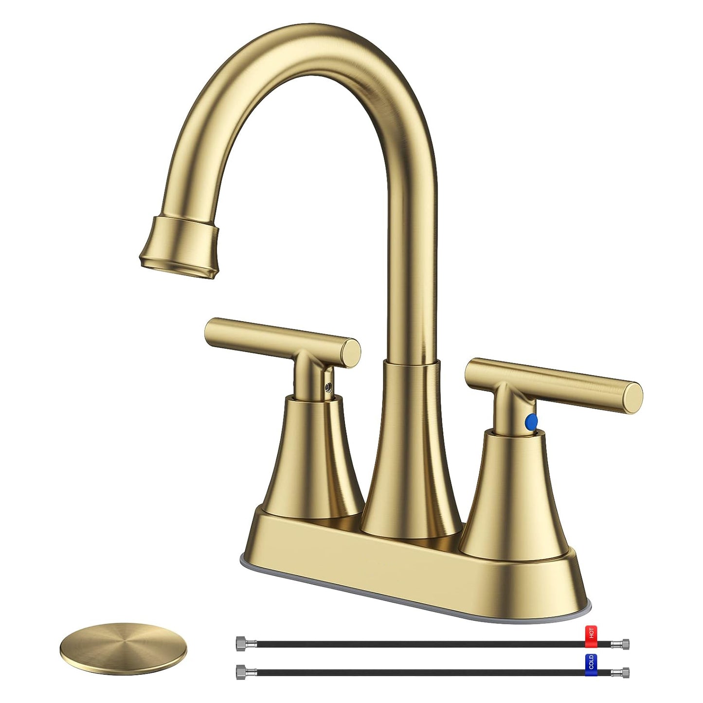 KINGTACK Bathroom Sink Faucet, 4 inch 2-Handle Gold Bathroom Faucet with Pop-up Drain and 2 Supply Hoses, Fits 2 or 3-hole Sink