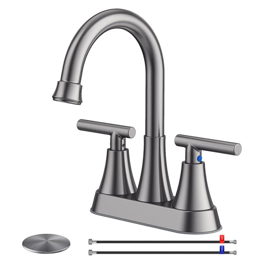 KINGTACK Bathroom Faucets, 4 inch Brushed Grey Bathroom Sink Faucet, Stainless Steel Lead-Free 2-Handle Centerset Faucet with Pop-up Drain and 2 Supply Hoses, Fits 2 or 3-hole Sink