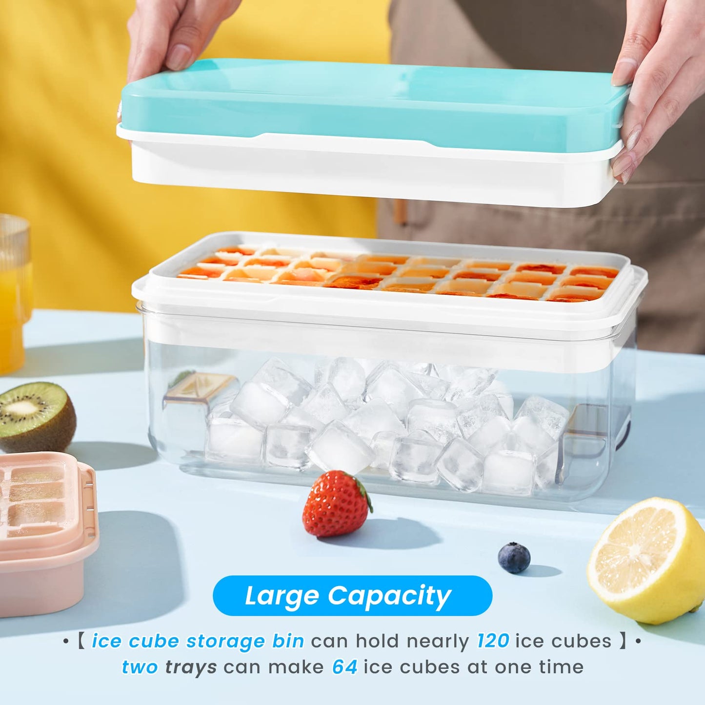 KINGTACK Ice Cube Tray, Ice Trays for Freezer, Ice Cube Tray With Lid and Bin, Making 64 pcs Ice Cubes, Chilling Cocktail, Whiskey, Coffee, with 2 trays, Ice Container, Scoop&Cover, BPA Free, Blue