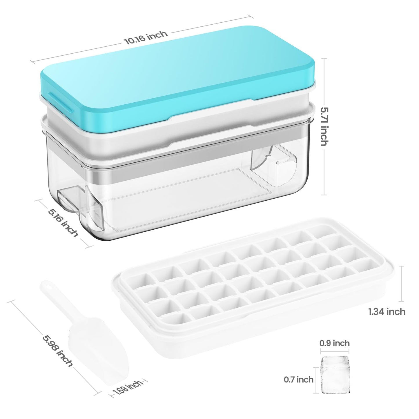 KINGTACK Ice Cube Tray, Ice Trays for Freezer, Ice Cube Tray With Lid and Bin, Making 64 pcs Ice Cubes, Chilling Cocktail, Whiskey, Coffee, with 2 trays, Ice Container, Scoop&Cover, BPA Free, Blue