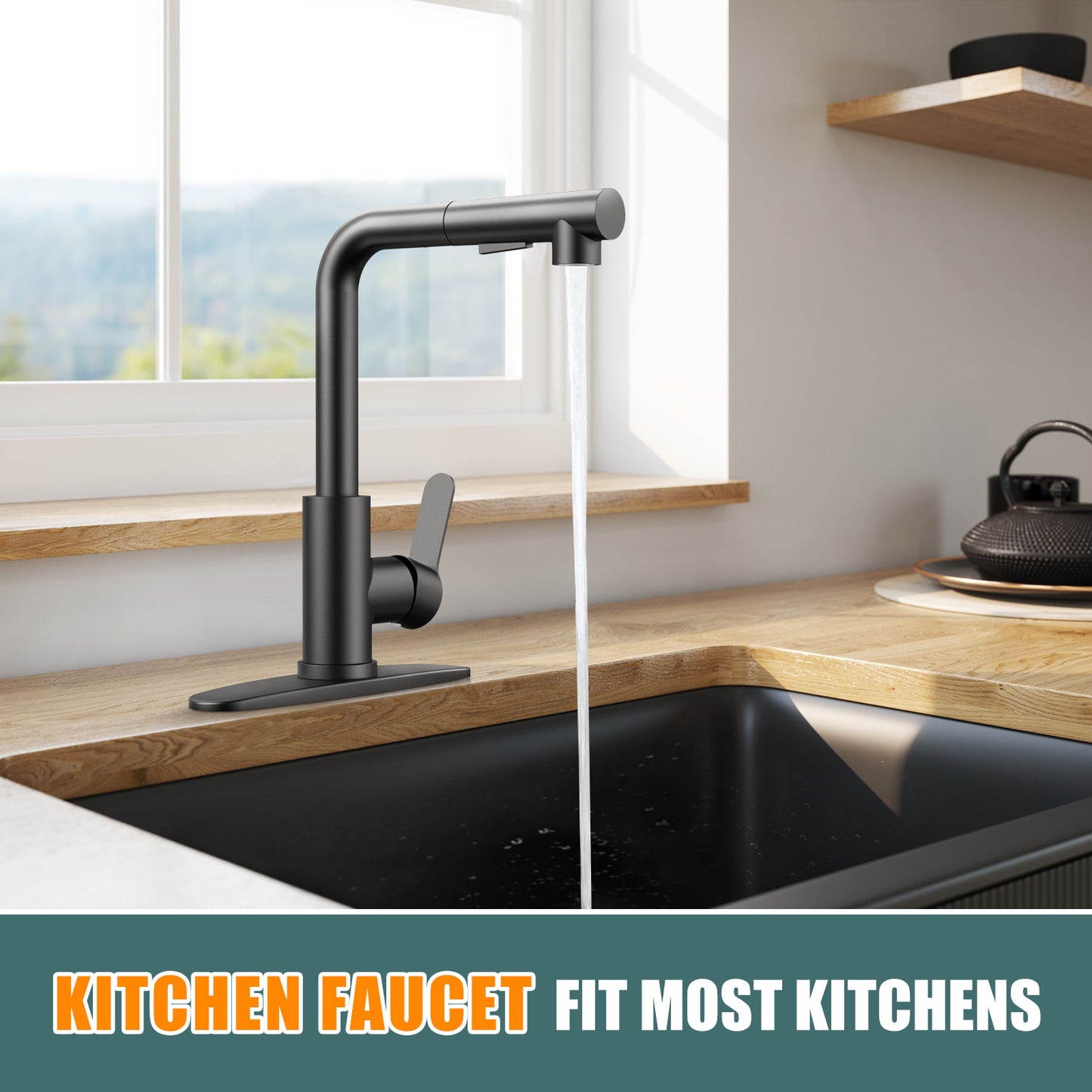 KINGTACK Kitchen Faucet with Pull Down Sprayer, Matte Black Kitchen Faucets, Stainless Steel Commercial Utility Faucets for Sink 3 Hole Bar Rv Camper Laundry Outdoor Farmhouse