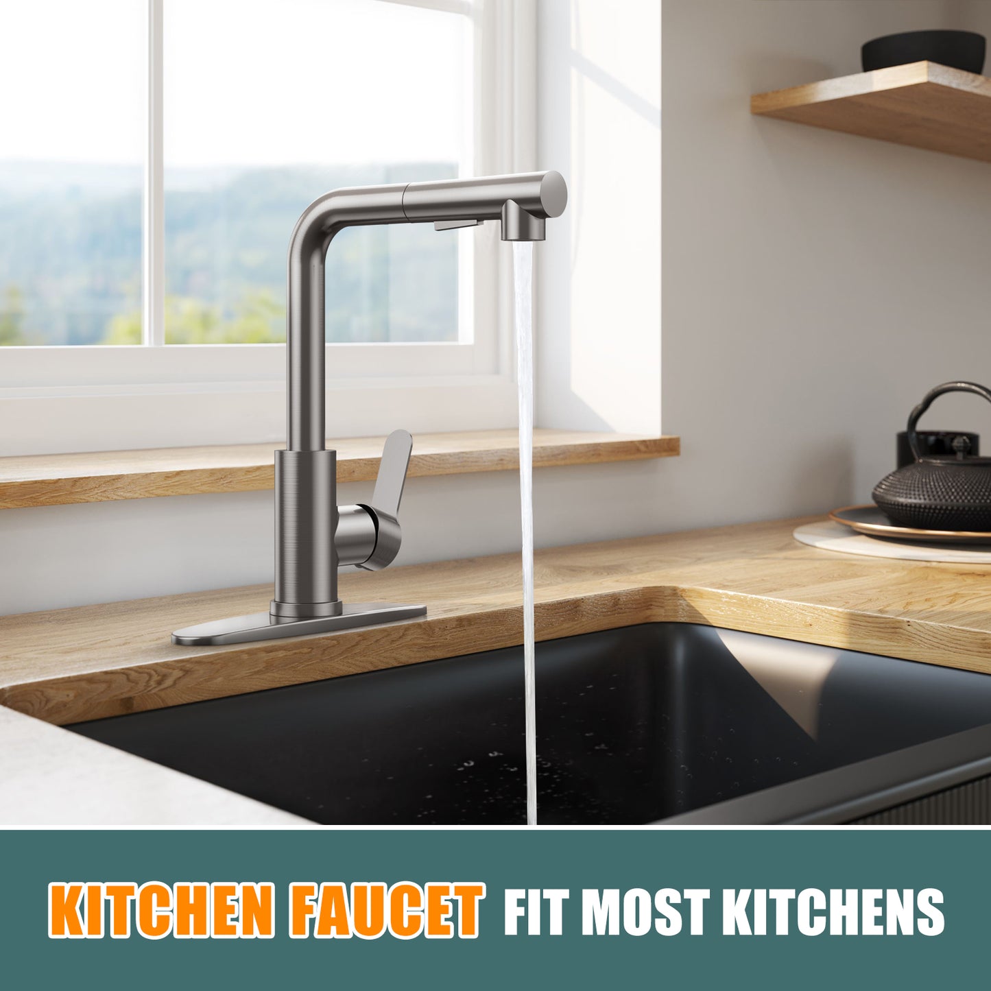 KINGTACK Kitchen Faucets, Brushed Grey Kitchen Faucet with Pull Down Sprayer, Stainless Steel Commercial Utility Kitchen Faucets for Sink 3 Hole for Bar Rv Camper Laundry Outdoor Farmhouse Sink