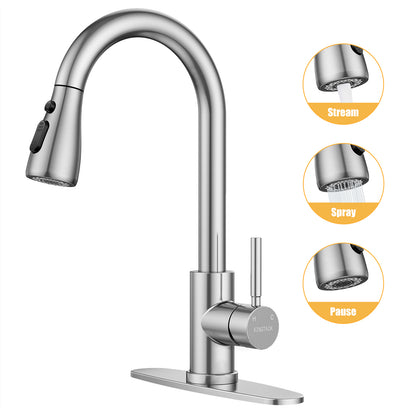 KINGTACK Kitchen Faucet with Pull Down Sprayer, Single Handle High Arc Brushed Nickel Kitchen Sink Faucets with Deck Plate Suit to 1 or 3 Holes