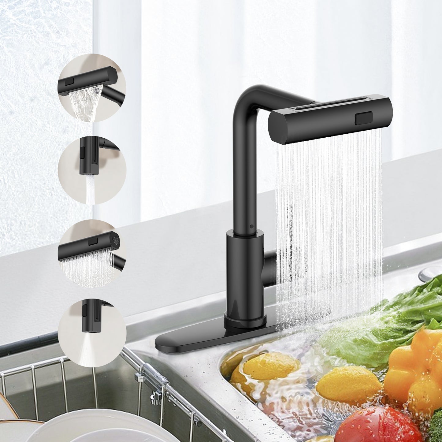 KINGTACK Kitchen Faucet, Matte Black Kitchen Faucet with Pull Down Sprayer for 4 Function, Black