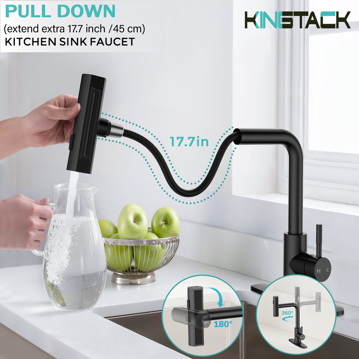 KINGTACK Kitchen Faucet, Matte Black Kitchen Faucet with Pull Down Sprayer for 4 Function, Black