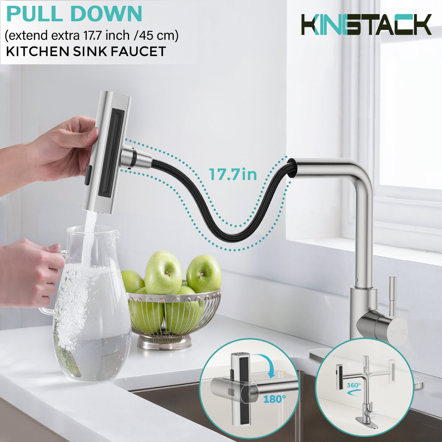 KINGTACK Kitchen Faucet with Pull Down Sprayer, Single Handle Kitchen Sink Faucet, Brushed Nickel