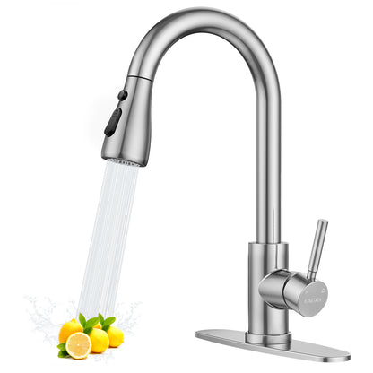 KINGTACK Kitchen Faucet with Pull Down Sprayer, Single Handle High Arc Brushed Nickel Kitchen Sink Faucets with Deck Plate Suit to 1 or 3 Holes