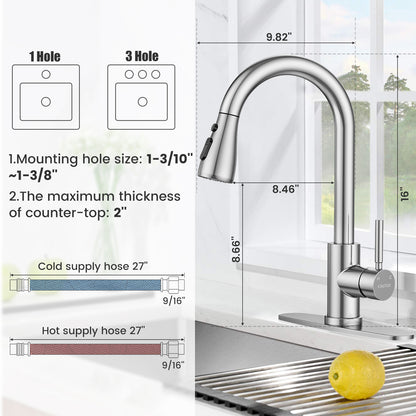 KINGTACK Kitchen Faucet with Pull Down Sprayer, Single Handle High Arc Brushed Nickel Kitchen Sink Faucets with Deck Plate Suit to 1 or 3 Holes