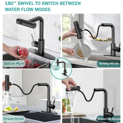 KINGTACK Kitchen Faucet, Matte Black Kitchen Faucet with Pull Down Sprayer for 4 Function, Black
