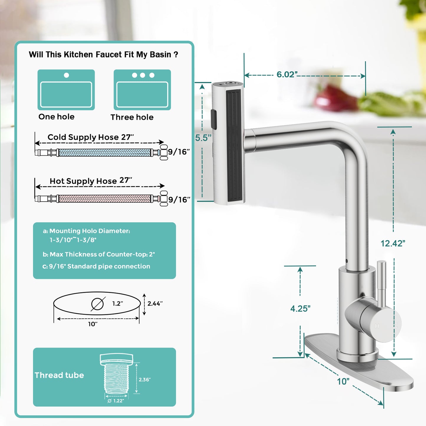 KINGTACK Kitchen Faucet with Pull Down Sprayer, Single Handle Kitchen Sink Faucet, Brushed Nickel