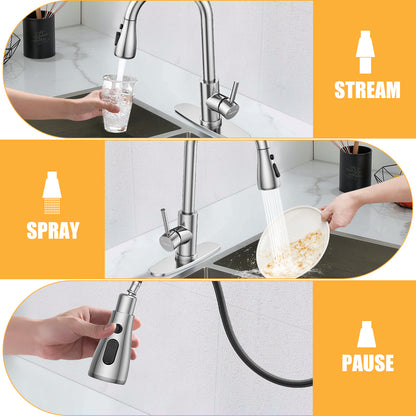 KINGTACK Kitchen Faucet with Pull Down Sprayer, Single Handle High Arc Brushed Nickel Kitchen Sink Faucets with Deck Plate Suit to 1 or 3 Holes