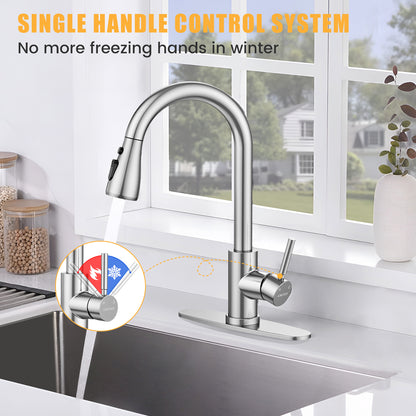 KINGTACK Kitchen Faucet with Pull Down Sprayer, Single Handle High Arc Brushed Nickel Kitchen Sink Faucets with Deck Plate Suit to 1 or 3 Holes