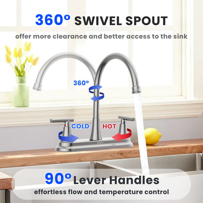 KINGTACK Two Handles Kitchen Faucet, 3 Hole or 4 Holel Faucet for Kitchen Sink, Brushed Nickel