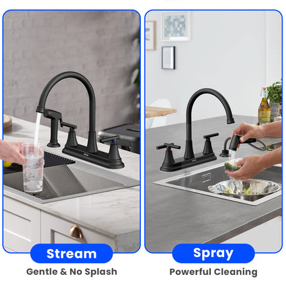 KINGTACK Kitchen Faucet with Sprayer, Matte Black Kitchen Sink Faucet, 3 Hole or 4 Holel Faucet for Kitchen Sink, Stainless Steel Touch Kitchen Faucet with Side Sprayer