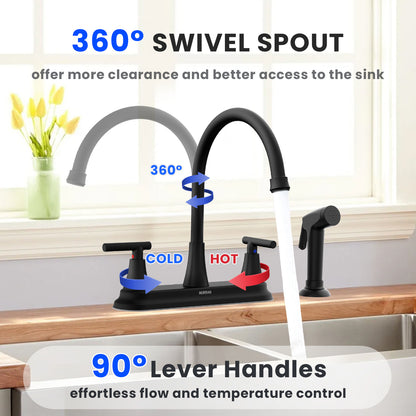 KINGTACK Kitchen Faucet with Sprayer, Matte Black Kitchen Sink Faucet, 3 Hole or 4 Holel Faucet for Kitchen Sink, Stainless Steel Touch Kitchen Faucet with Side Sprayer