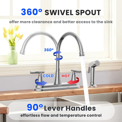 KINGTACK Kitchen Faucet with Sprayer, Chrome Kitchen Sink Faucet, 3 Hole or 4 Holel Faucet for Kitchen Sink, Stainless Steel Touch Kitchen Faucet with Side Sprayer