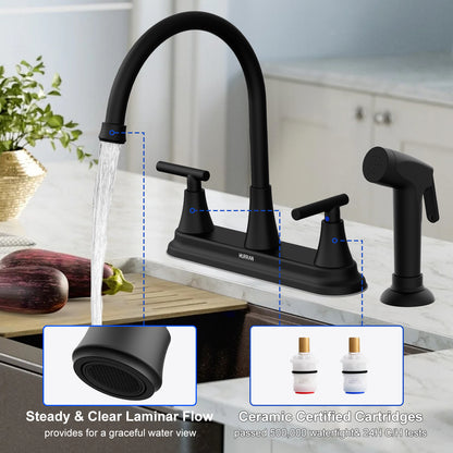 KINGTACK Kitchen Faucet with Sprayer, Matte Black Kitchen Sink Faucet, 3 Hole or 4 Holel Faucet for Kitchen Sink, Stainless Steel Touch Kitchen Faucet with Side Sprayer
