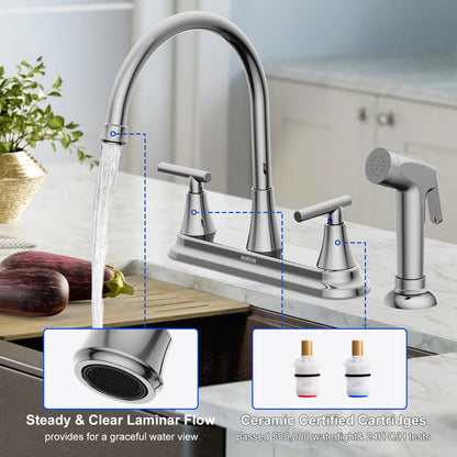 KINGTACK Kitchen Faucet with Sprayer, Chrome Kitchen Sink Faucet, 3 Hole or 4 Holel Faucet for Kitchen Sink, Stainless Steel Touch Kitchen Faucet with Side Sprayer