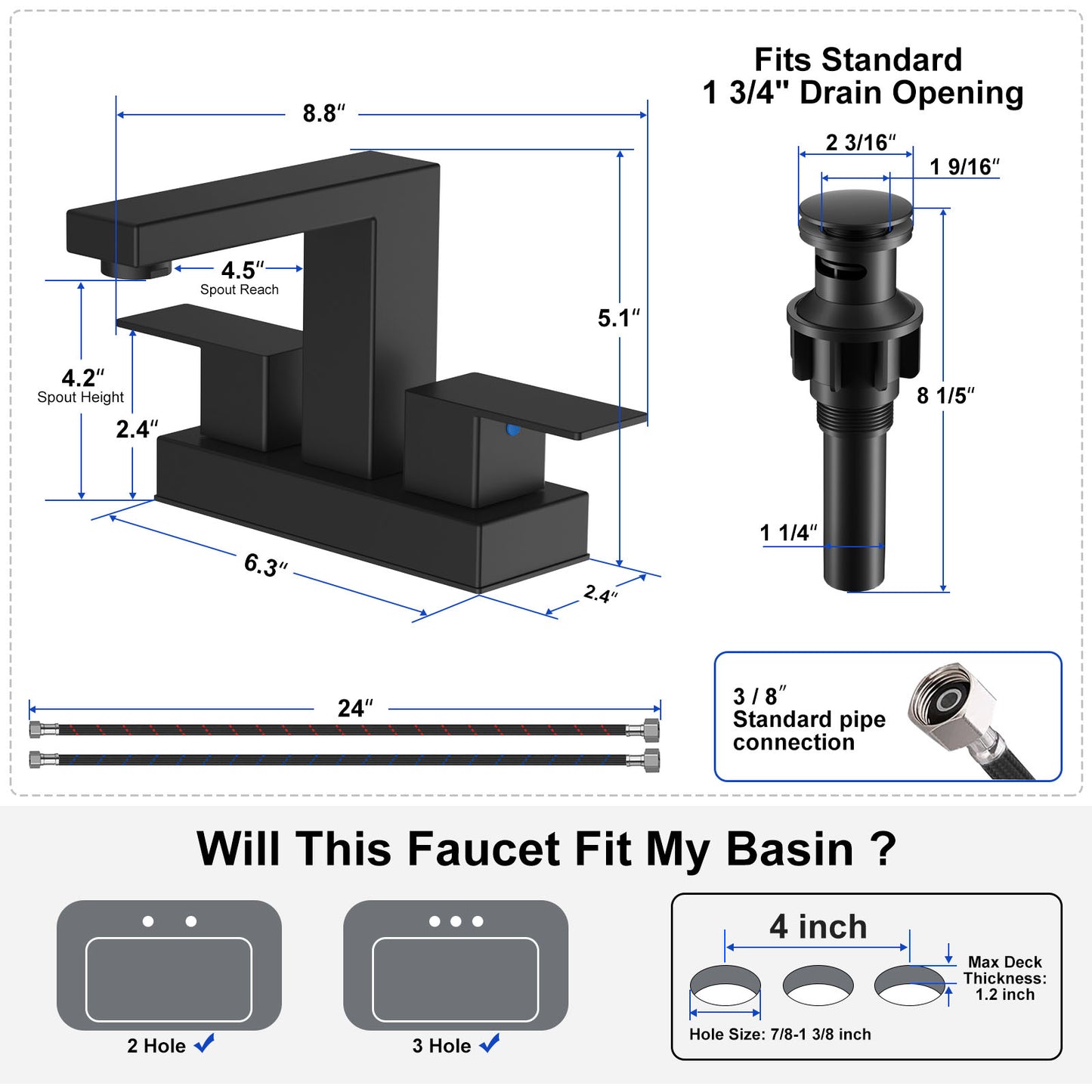 KINGTACK Bathroom Sink Faucet, 4 inch Matte Black Bathroom Faucets for Sink 3 Hole with Pop-up Drain and Supply Lines, Stainless Steel 2-Handle Lead-Free Faucet for Bathroom Sink Vanity RV Restroom